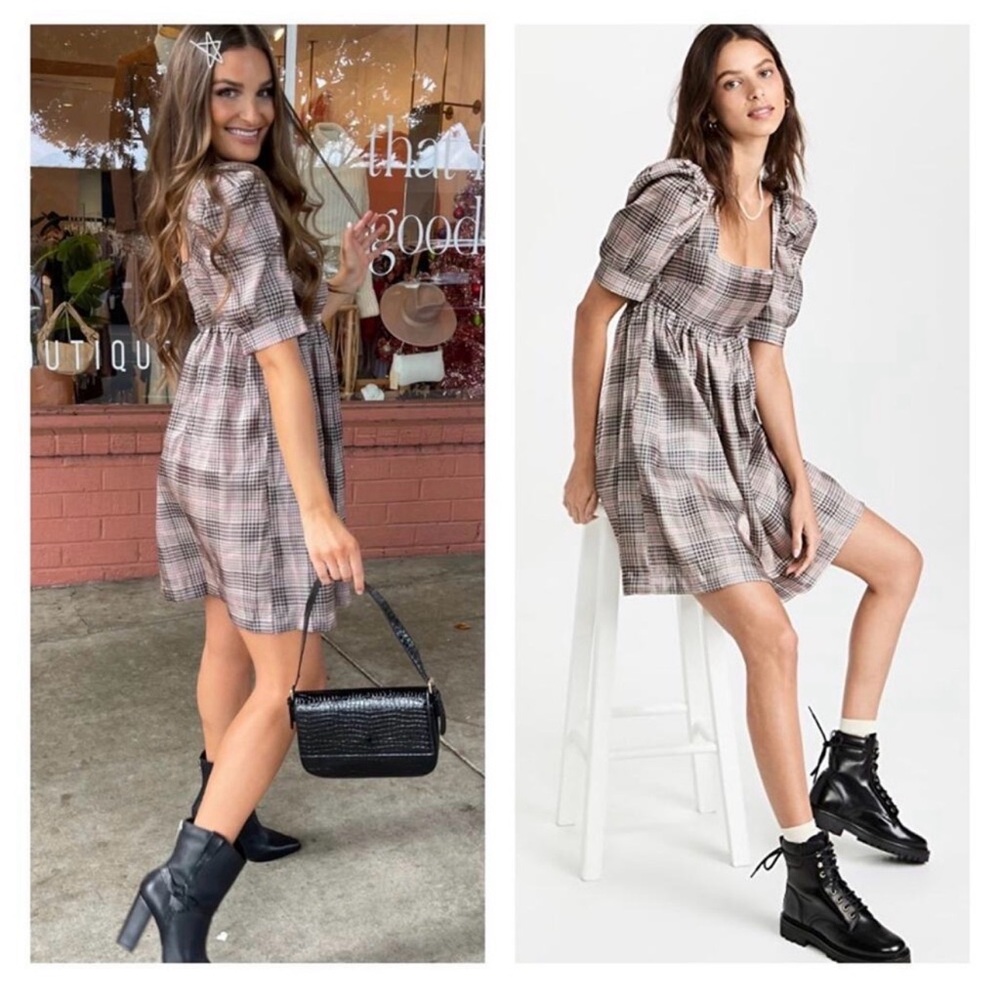 NWT En Saison Plaid Organza Babydoll Puff Sleeve Mini Dress XS
